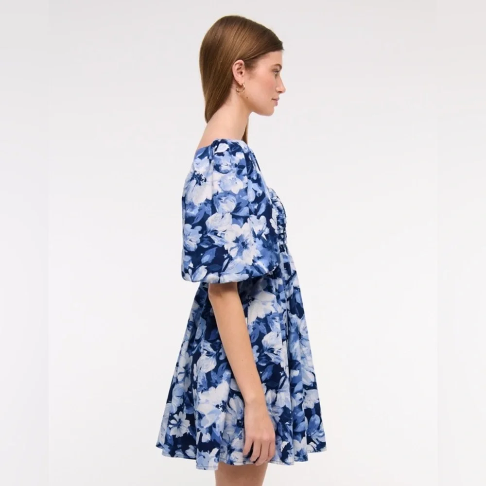 Abercrombie & Fitch Emerson Poplin Puff Sleeve Blue floral Mini Dress Sz XXS - Picture 3 of 14